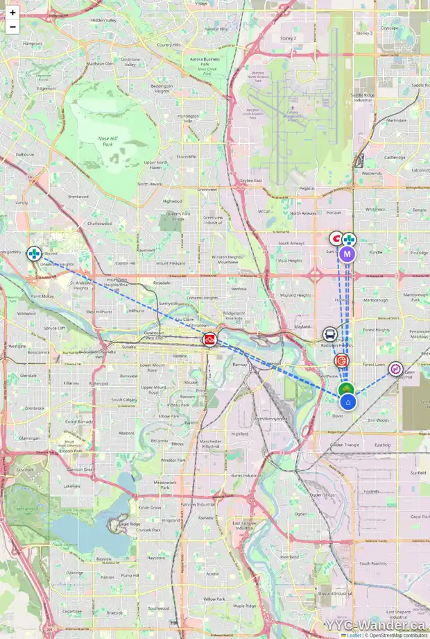 Daily accessibility map for 3204 33 ST SE, Calgary showing nearby schools, grocery stores, parks, LRT stations and nearby amenities
