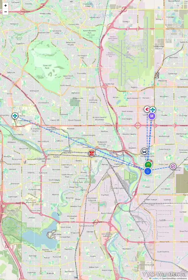 Daily accessibility map for 2043 33 ST SE, Calgary showing nearby schools, grocery stores, parks, LRT stations and nearby amenities