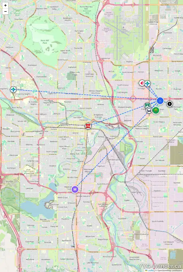 Daily accessibility map for 1262 MARDALE DR NE, Calgary showing nearby schools, grocery stores, parks, LRT stations and nearby amenities