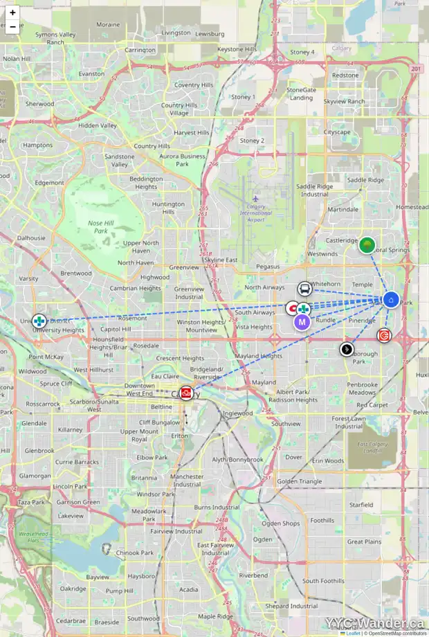 Daily accessibility map for 32 LAGUNA CL NE, Calgary showing nearby schools, grocery stores, parks, LRT stations and nearby amenities