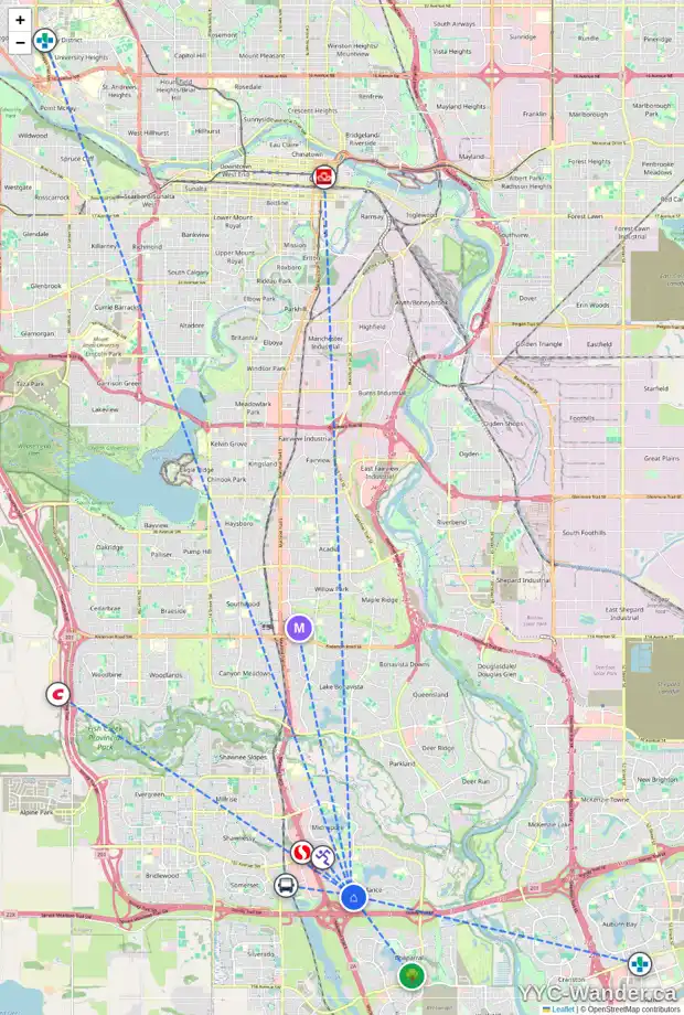 Daily accessibility map for 103 SUNLAKE WY SE, Calgary showing nearby schools, grocery stores, parks, LRT stations and nearby amenities