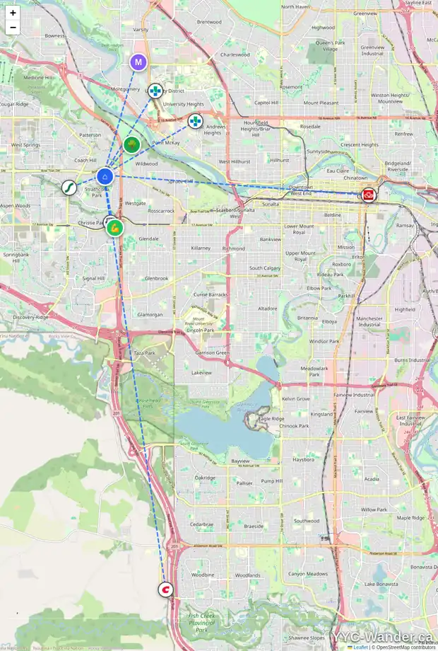 Daily accessibility map for 11 STRADWICK PL SW, Calgary showing nearby schools, grocery stores, parks, LRT stations and nearby amenities