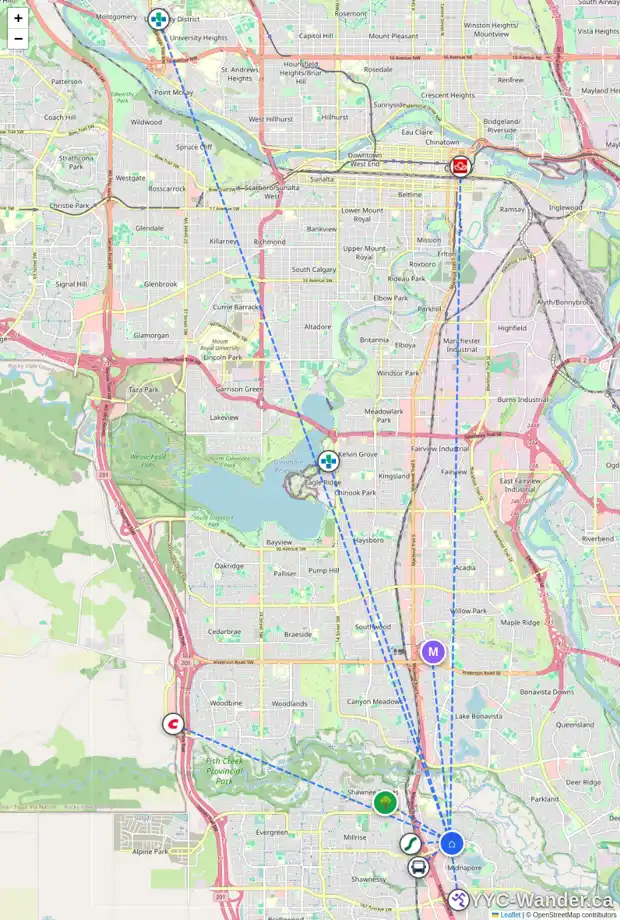 Daily accessibility map for 107 MIDRIDGE GD SE, Calgary showing nearby schools, grocery stores, parks, LRT stations and nearby amenities