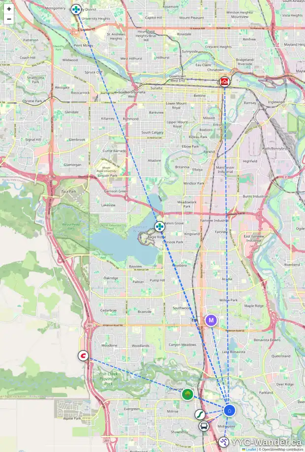 Daily accessibility map for 14 MIDRIDGE RI SE, Calgary showing nearby schools, grocery stores, parks, LRT stations and nearby amenities