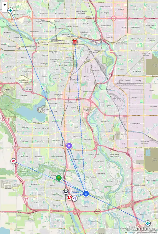 Daily accessibility map for 44 MIDVALLEY CR SE, Calgary showing nearby schools, grocery stores, parks, LRT stations and nearby amenities