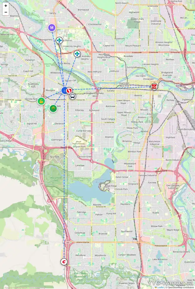Daily accessibility map for 929 39 ST SW, Calgary showing nearby schools, grocery stores, parks, LRT stations and nearby amenities