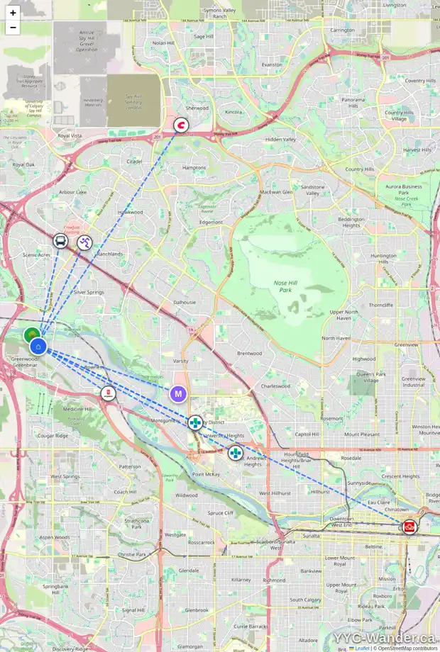 Daily accessibility map for 8919 36 AV NW, Calgary showing nearby schools, grocery stores, parks, LRT stations and nearby amenities