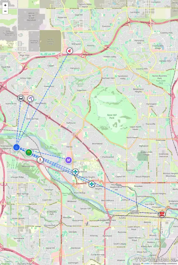 Daily accessibility map for 3415 85 ST NW, Calgary showing nearby schools, grocery stores, parks, LRT stations and nearby amenities