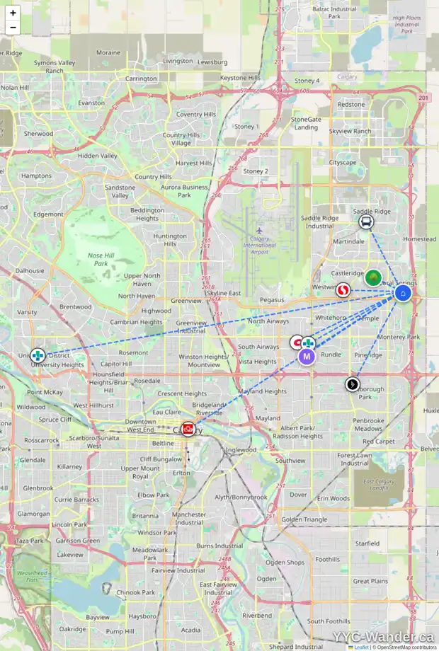 Daily accessibility map for 123 CORAL SPRINGS BV NE, Calgary showing nearby schools, grocery stores, parks, LRT stations and nearby amenities