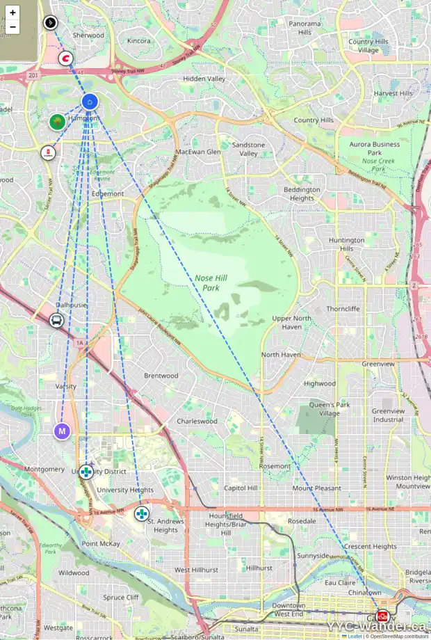 Daily accessibility map for 32 HAMPTONS RI NW, Calgary showing nearby schools, grocery stores, parks, LRT stations and nearby amenities