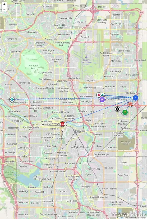 Daily accessibility map for 169 DEL RAY CL NE, Calgary showing nearby schools, grocery stores, parks, LRT stations and nearby amenities