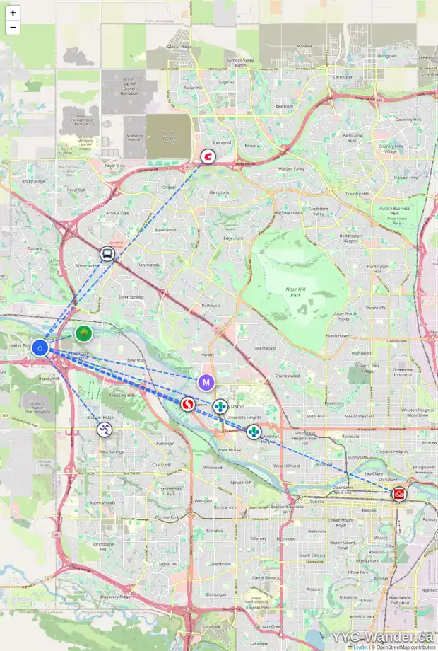 Daily accessibility map for 81 VALLEY MEADOW GD NW, Calgary showing nearby schools, grocery stores, parks, LRT stations and nearby amenities