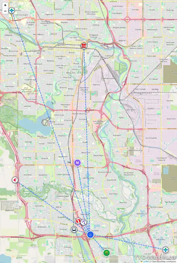 Daily accessibility map for 50 SUNDOWN MR SE, Calgary showing nearby schools, grocery stores, parks, LRT stations and nearby amenities