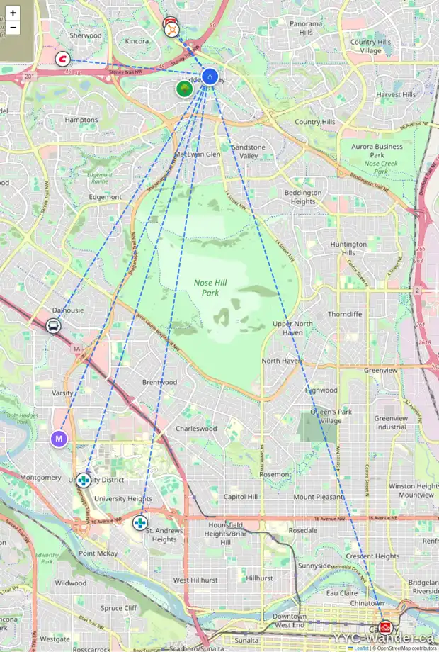 Daily accessibility map for 10836 HIDDEN VALLEY DR NW, Calgary showing nearby schools, grocery stores, parks, LRT stations and nearby amenities