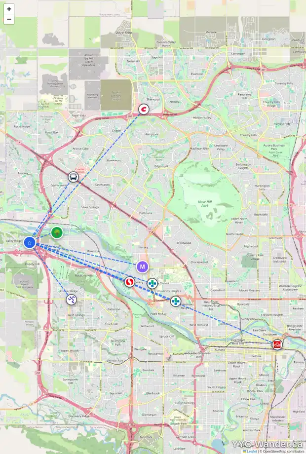 Daily accessibility map for 10832 VALLEY SPRINGS RD NW, Calgary showing nearby schools, grocery stores, parks, LRT stations and nearby amenities