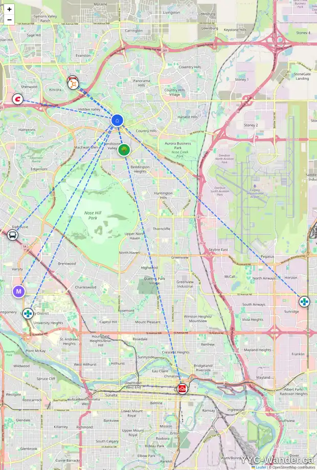 Daily accessibility map for 67 HIDDEN VALLEY GR NW, Calgary showing nearby schools, grocery stores, parks, LRT stations and nearby amenities