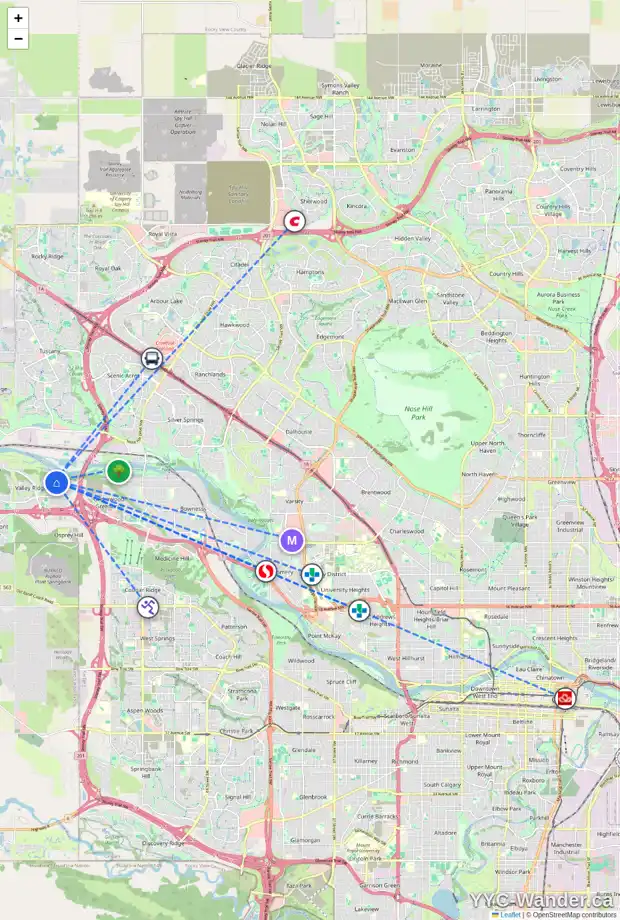 Daily accessibility map for 275 VALLEY SPRINGS TC NW, Calgary showing nearby schools, grocery stores, parks, LRT stations and nearby amenities