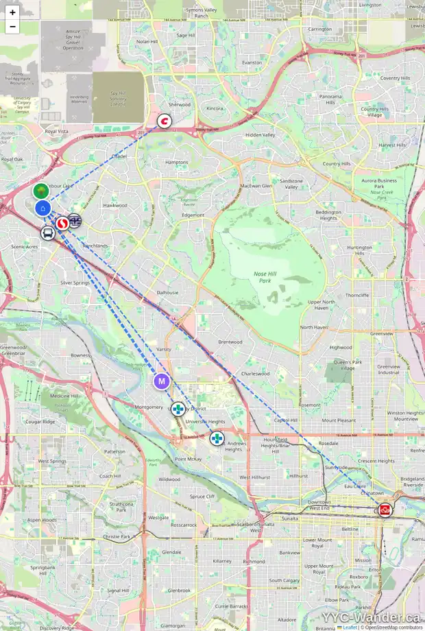 Daily accessibility map for 109 ARBOUR WOOD ME NW, Calgary showing nearby schools, grocery stores, parks, LRT stations and nearby amenities