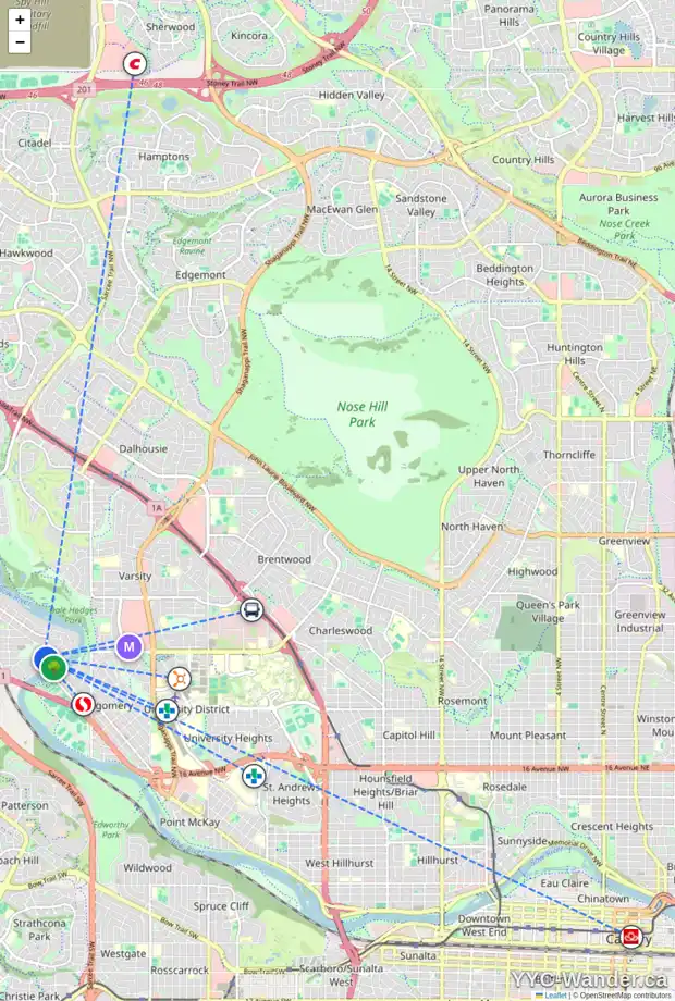 Daily accessibility map for 5819 BOWNESS RD NW, Calgary showing nearby schools, grocery stores, parks, LRT stations and nearby amenities