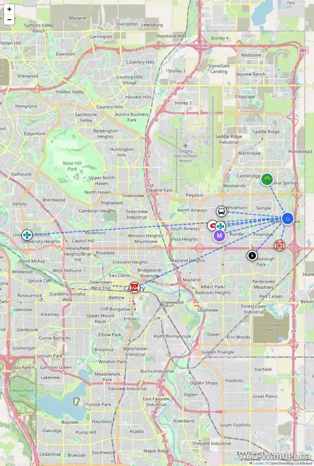 Daily accessibility map for 14 ANAHEIM GR NE, Calgary showing nearby schools, grocery stores, parks, LRT stations and nearby amenities