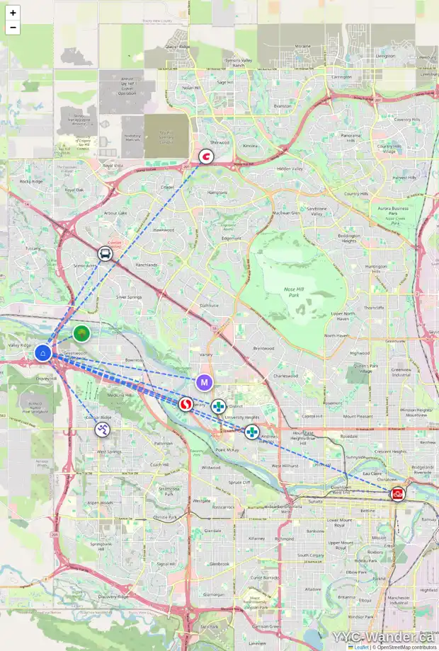 Daily accessibility map for 46 VALLEY BROOK CI NW, Calgary showing nearby schools, grocery stores, parks, LRT stations and nearby amenities
