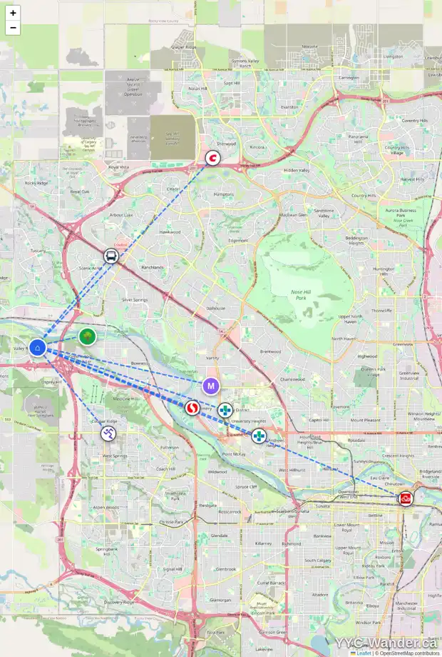 Daily accessibility map for 10959 VALLEY SPRINGS RD NW, Calgary showing nearby schools, grocery stores, parks, LRT stations and nearby amenities