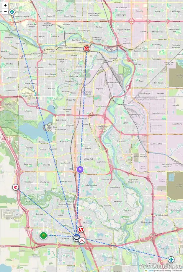 Daily accessibility map for 72 SOMERVALE PA SW, Calgary showing nearby schools, grocery stores, parks, LRT stations and nearby amenities