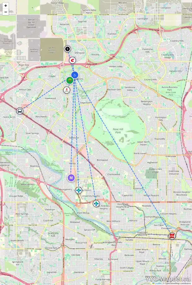 Daily accessibility map for 105 HAMPTONS CI NW, Calgary showing nearby schools, grocery stores, parks, LRT stations and nearby amenities