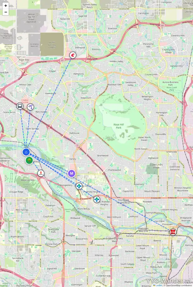 Daily accessibility map for 7947 48 AV NW, Calgary showing nearby schools, grocery stores, parks, LRT stations and nearby amenities