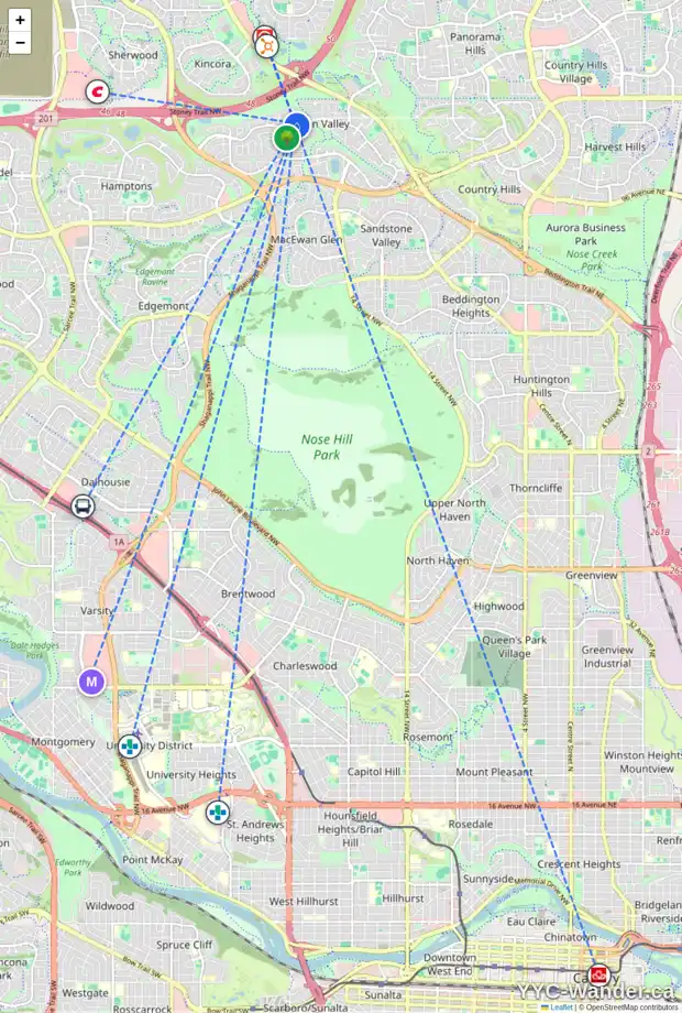 Daily accessibility map for 10960 HIDDEN VALLEY DR NW, Calgary showing nearby schools, grocery stores, parks, LRT stations and nearby amenities