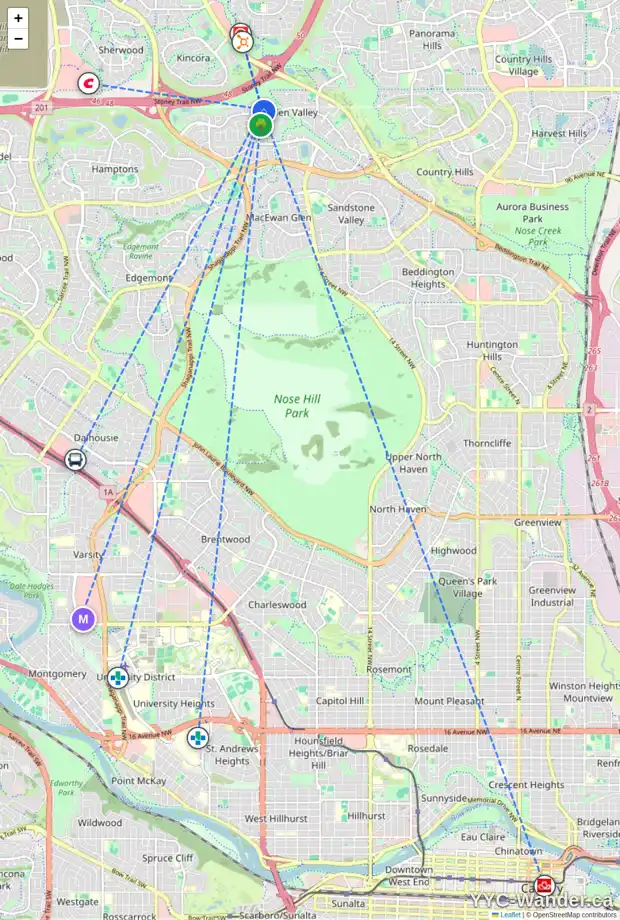 Daily accessibility map for 32 HIDDEN RANCH CR NW, Calgary showing nearby schools, grocery stores, parks, LRT stations and nearby amenities