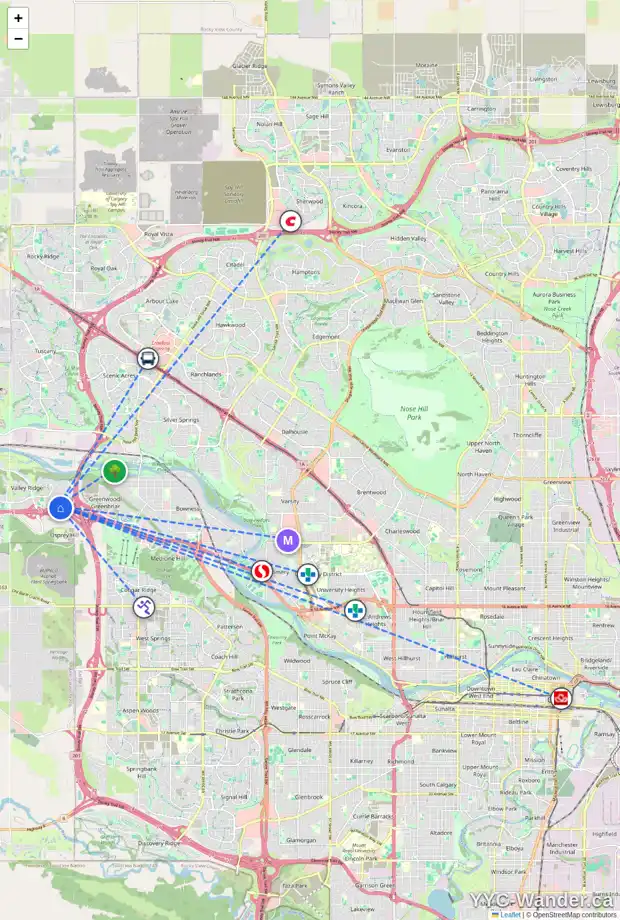 Daily accessibility map for 203 VALLEY BROOK CI NW, Calgary showing nearby schools, grocery stores, parks, LRT stations and nearby amenities
