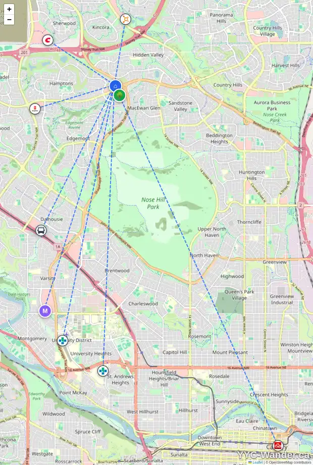 Daily accessibility map for 218 HAMPSTEAD GD NW, Calgary showing nearby schools, grocery stores, parks, LRT stations and nearby amenities