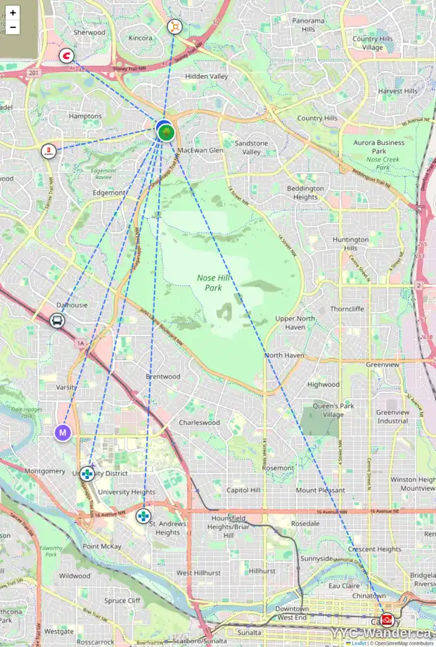 Daily accessibility map for 182 EDGERIDGE VW NW, Calgary showing nearby schools, grocery stores, parks, LRT stations and nearby amenities