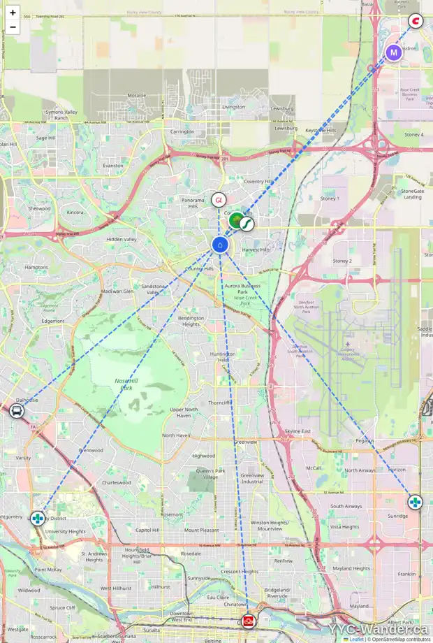 Daily accessibility map for 46 COUNTRY HILLS LI NW, Calgary showing nearby schools, grocery stores, parks, LRT stations and nearby amenities