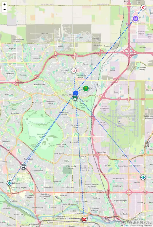 Daily accessibility map for 1104 COUNTRY HILLS CI NW, Calgary showing nearby schools, grocery stores, parks, LRT stations and nearby amenities