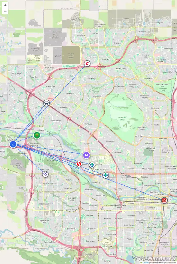 Daily accessibility map for 183 VALLEY RIDGE HT NW, Calgary showing nearby schools, grocery stores, parks, LRT stations and nearby amenities