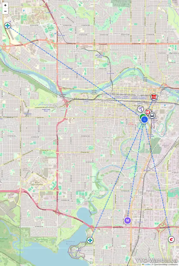 Daily accessibility map for 100 18 AV SE, Calgary showing nearby schools, grocery stores, parks, LRT stations and nearby amenities