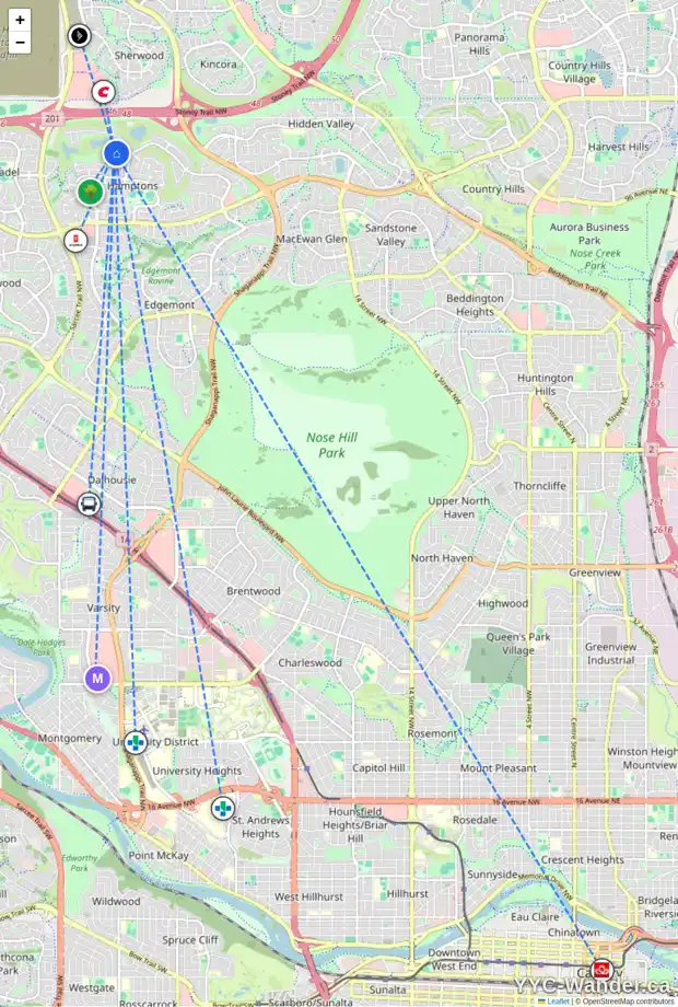 Daily accessibility map for 58 HAMPTONS CL NW, Calgary showing nearby schools, grocery stores, parks, LRT stations and nearby amenities