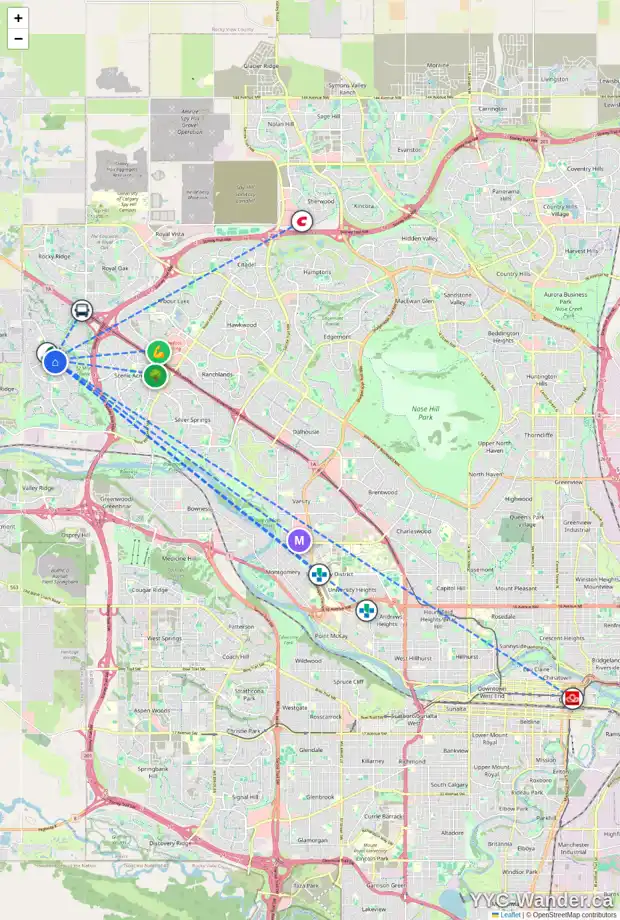 Daily accessibility map for 64 TUSCANY VILLAGE CO NW, Calgary showing nearby schools, grocery stores, parks, LRT stations and nearby amenities