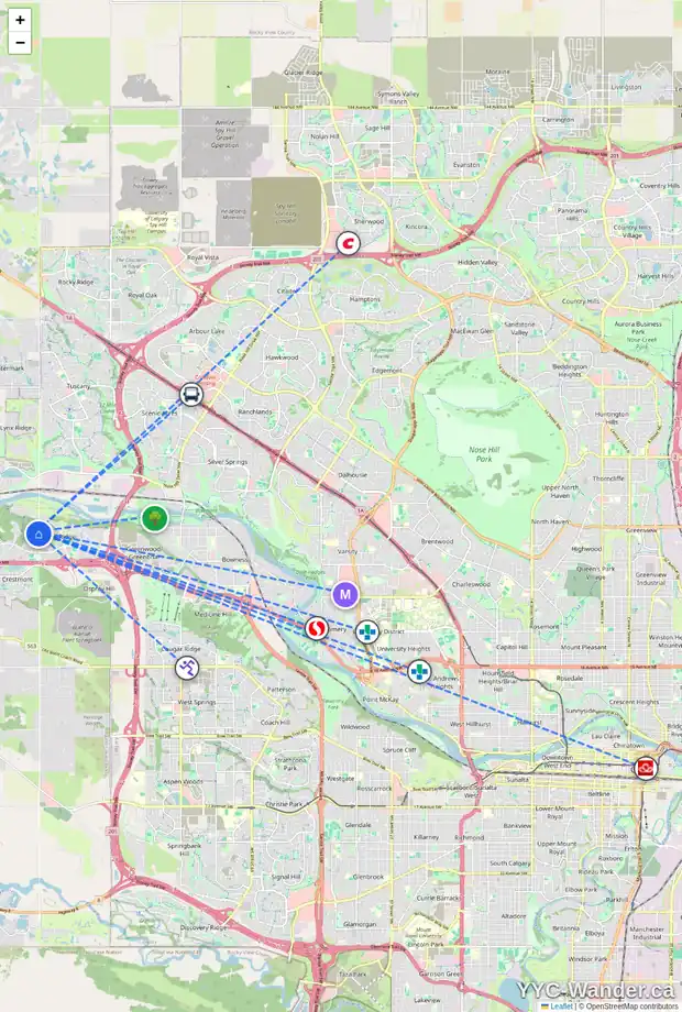 Daily accessibility map for 123 VALLEY CREEK RD NW, Calgary showing nearby schools, grocery stores, parks, LRT stations and nearby amenities