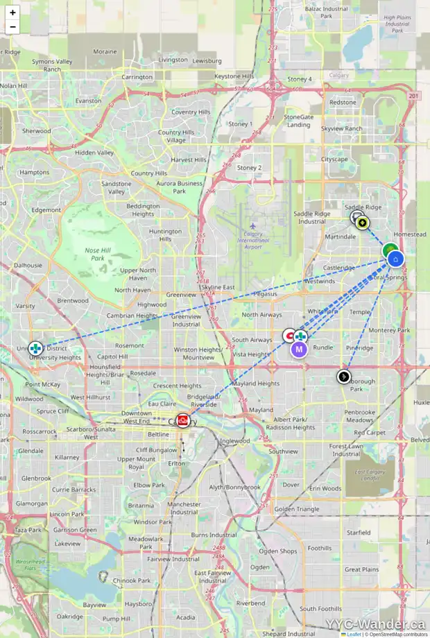 Daily accessibility map for 85 CORAL REEF CR NE, Calgary showing nearby schools, grocery stores, parks, LRT stations and nearby amenities