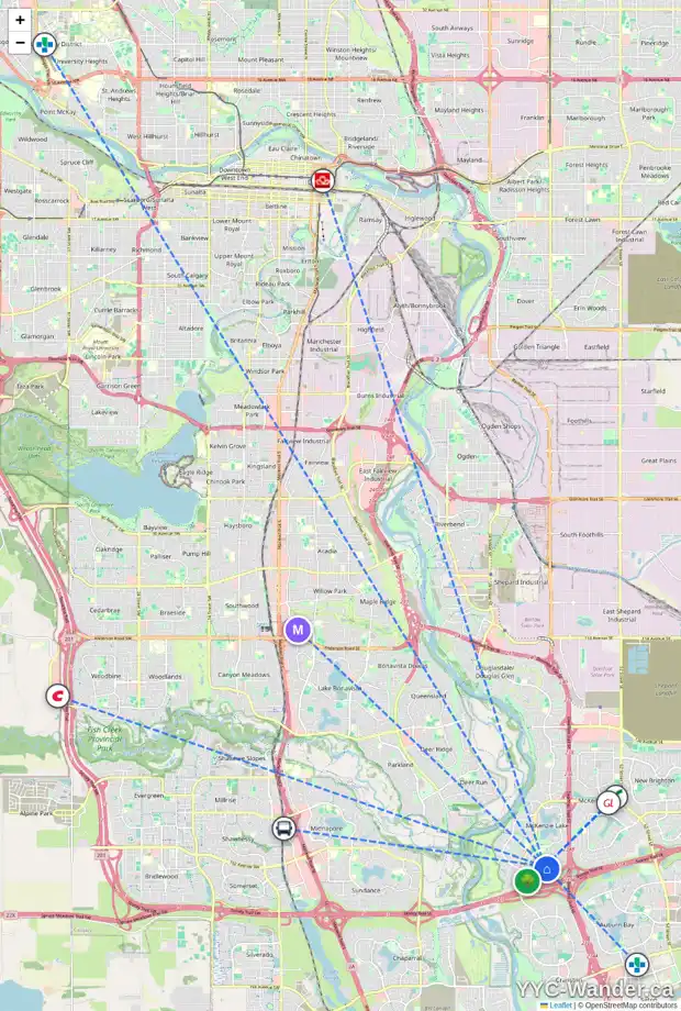 Daily accessibility map for 84 MCKERNAN RD SE, Calgary showing nearby schools, grocery stores, parks, LRT stations and nearby amenities