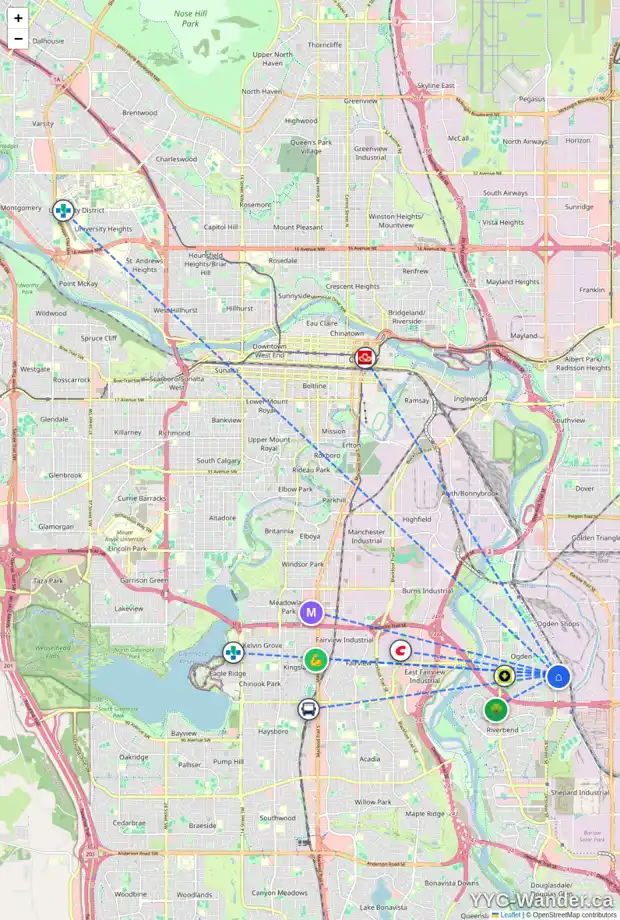 Daily accessibility map for 7602 OGDEN RD SE, Calgary showing nearby schools, grocery stores, parks, LRT stations and nearby amenities