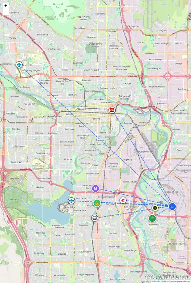 Daily accessibility map for 7427 26A ST SE, Calgary showing nearby schools, grocery stores, parks, LRT stations and nearby amenities