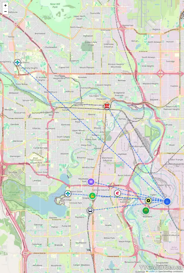 Daily accessibility map for 7620 27 ST SE, Calgary showing nearby schools, grocery stores, parks, LRT stations and nearby amenities