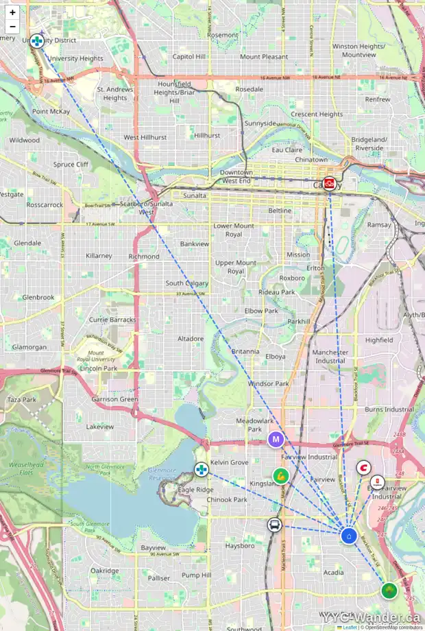 Daily accessibility map for 624 ARLINGTON DR SE, Calgary showing nearby schools, grocery stores, parks, LRT stations and nearby amenities