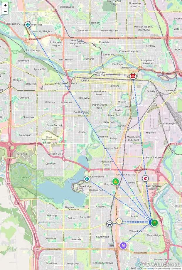 Daily accessibility map for 955 ARCHWOOD RD SE, Calgary showing nearby schools, grocery stores, parks, LRT stations and nearby amenities