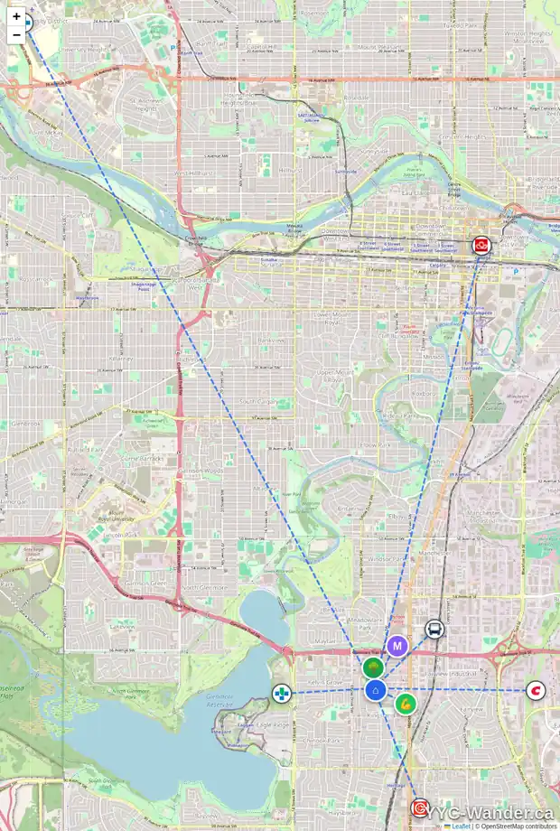 Daily accessibility map for 7203 5 ST SW, Calgary showing nearby schools, grocery stores, parks, LRT stations and nearby amenities