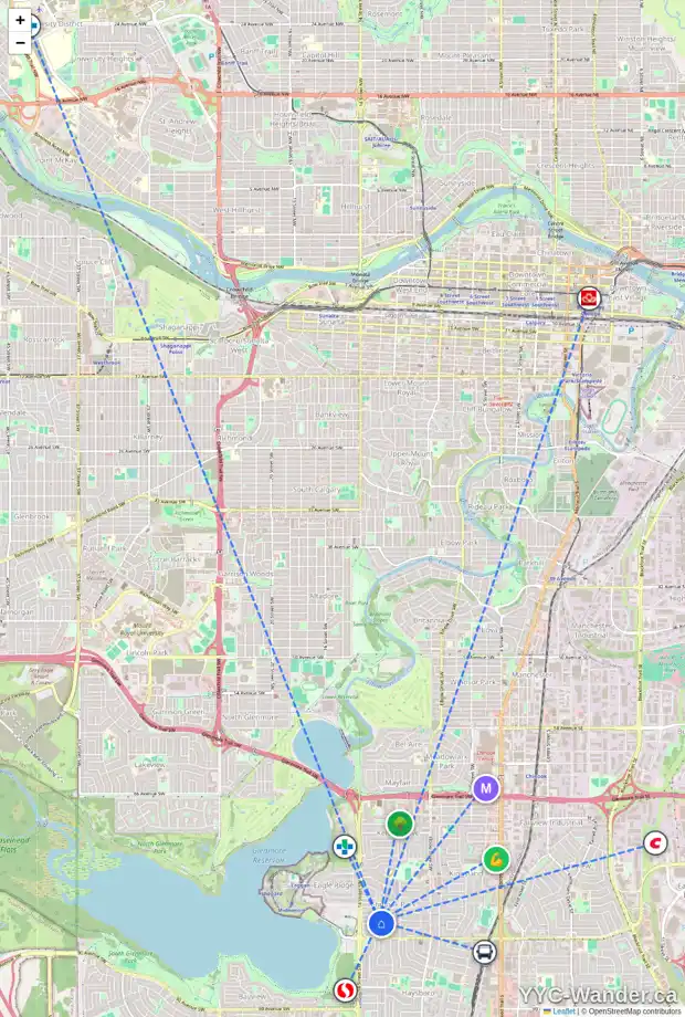 Daily accessibility map for 8047 CHURCHILL DR SW, Calgary showing nearby schools, grocery stores, parks, LRT stations and nearby amenities